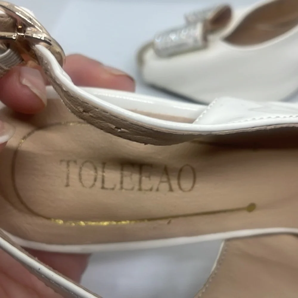 TOLEEAO shoes ivory shiny with gold accents jeweled bow size 7 or 38